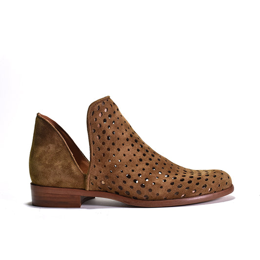 Brown suede shoe with perforated design on a white background