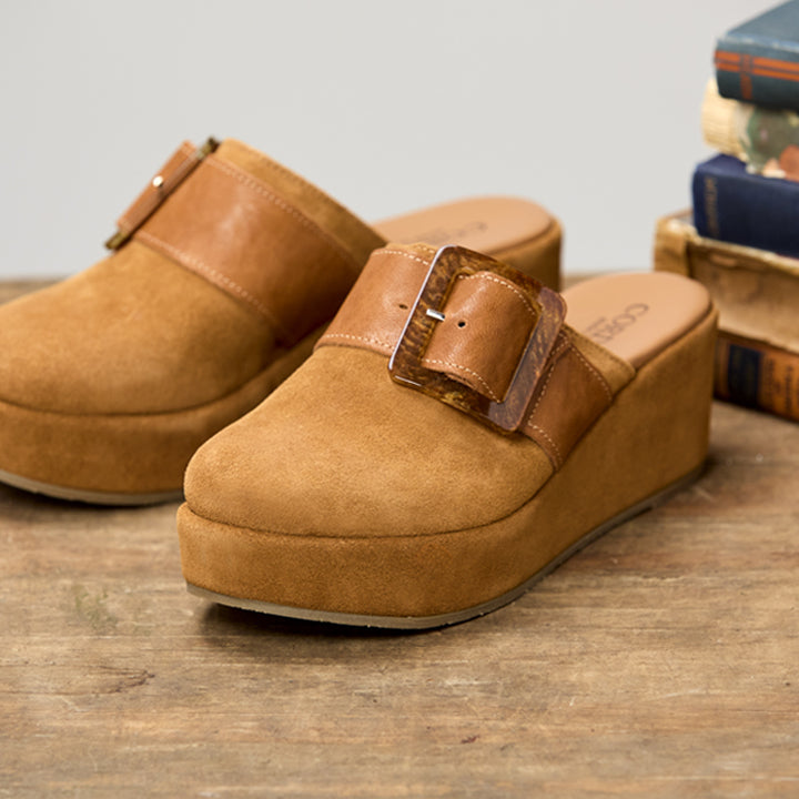 A pair of tan suede mule slip-on shoes with wide brown leather straps and large square buckle closures, displayed on a rustic wooden surface with stacked books in the background.