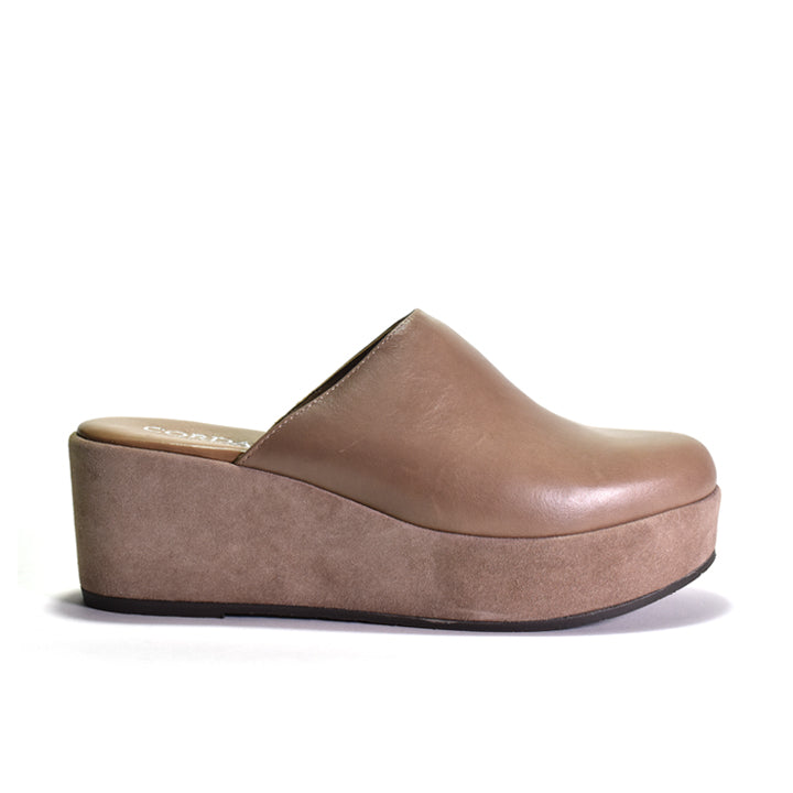 A single taupe-brown platform wedge mule shoe with a smooth leather upper and a textured suede-like platform sole, shown from a side profile on a white background.