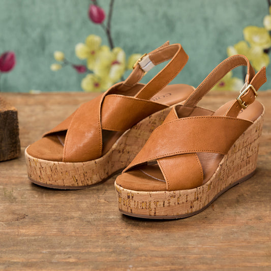 Brown wedge sandals on a wooden surface with a floral background