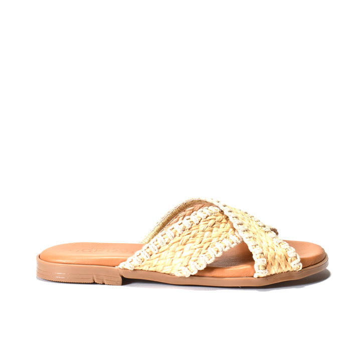 bEIGE woven sandal on a white background