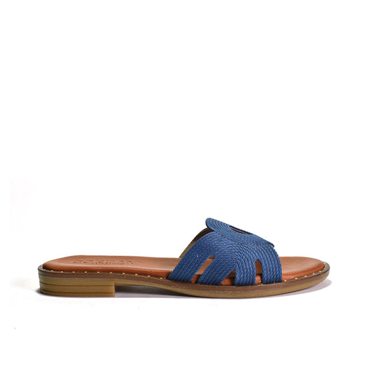 blue flat sandals with suede upper and inlay stitch detail on a flat bottom, featuring padded footbed and leather lining.