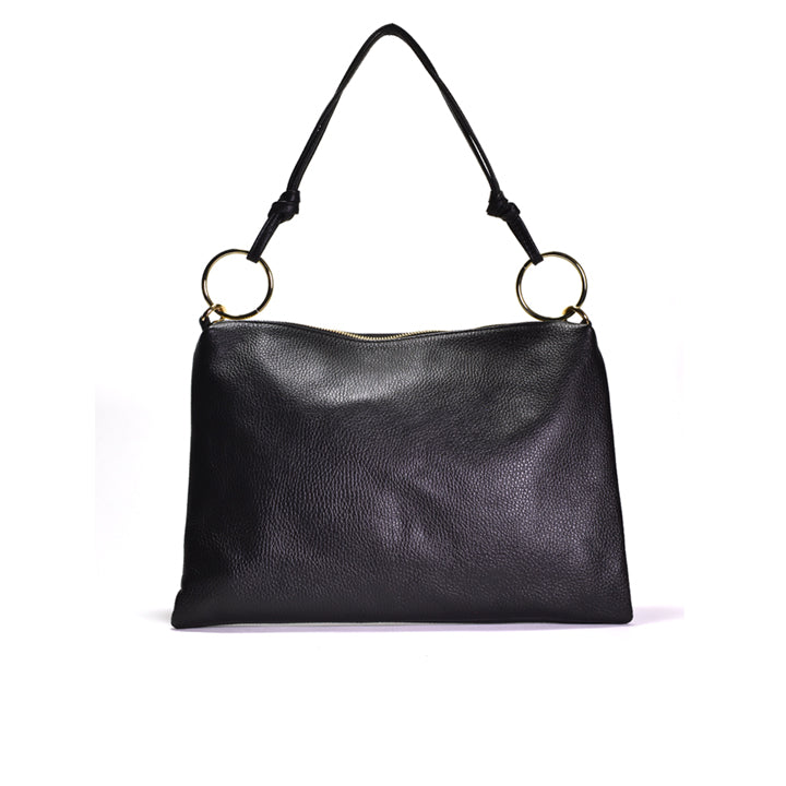 A black pebbled leather shoulder bag with a top zipper, a single shoulder strap, and two prominent gold-tone metal O-ring hardware details on the sides, shown against a plain white background.