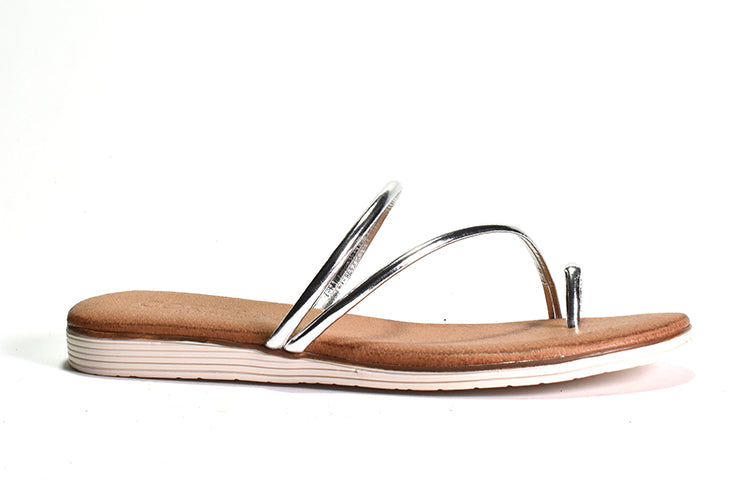 A silver-colored toe ring sandal with thin metallic leather straps and a flexible rubber sole