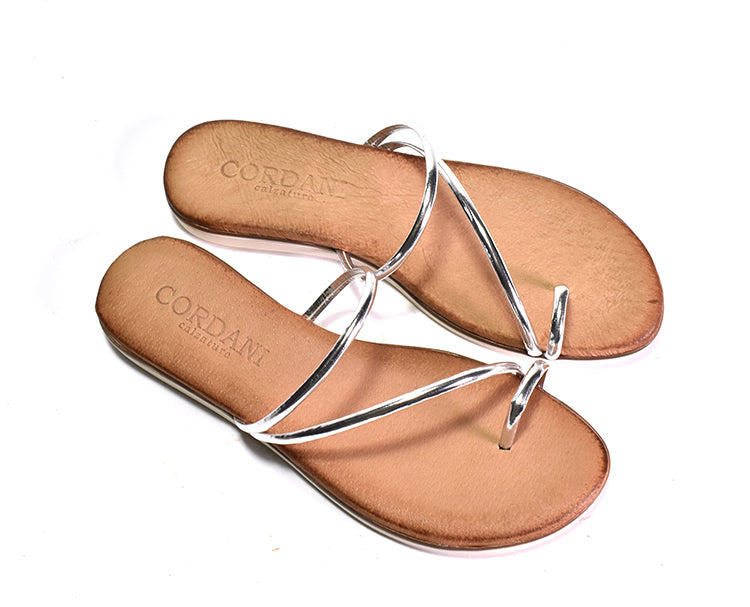 pair of silvert-colored toe ring sandal with thin metallic leather straps and a flexible rubber sole