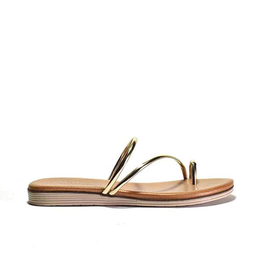 A gold-colored toe ring sandal with thin metallic leather straps and a flexible rubber sole