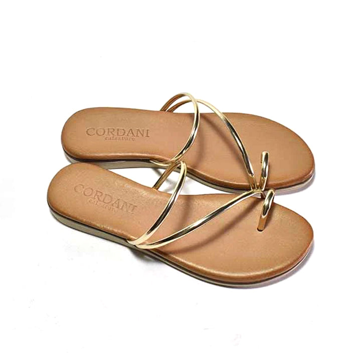 pair of gold-colored toe ring sandal with thin metallic leather straps and a flexible rubber sole