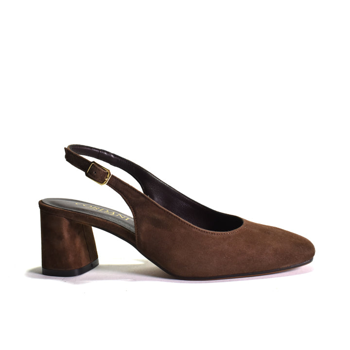 Brown suede high heel sling-back shoe with a gold buckle on a white background