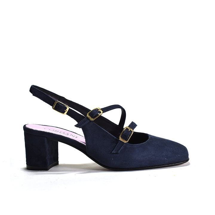 Sling back pump with buckle detail