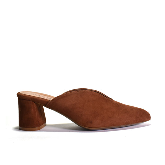 A single brown suede mule shoe with a block heel and pointed toe, shown in profile against a plain white background.