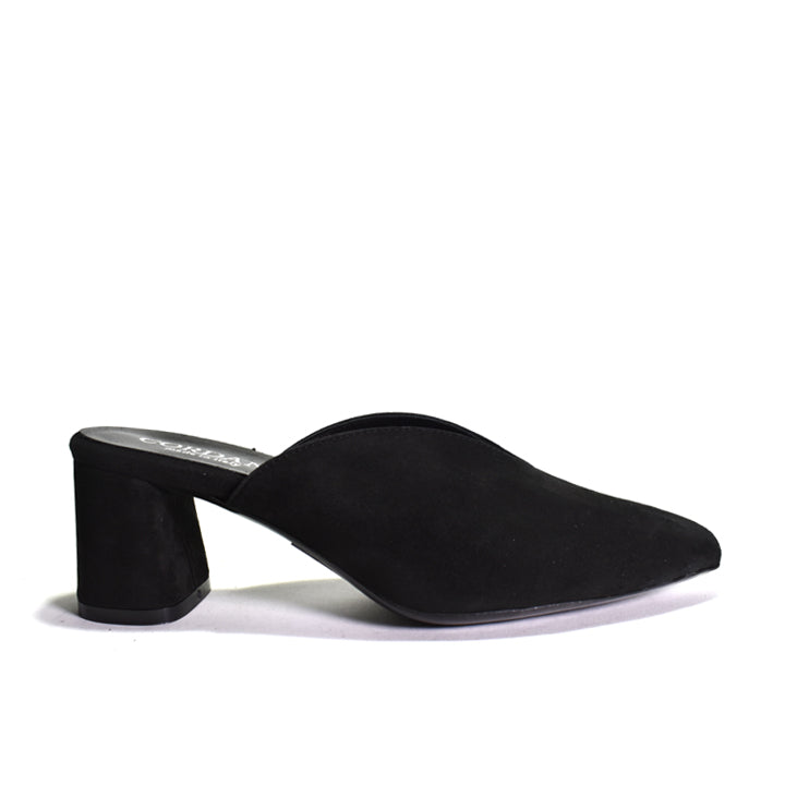 A single black suede mule heel with a pointed toe, shown in a side profile on a white background.