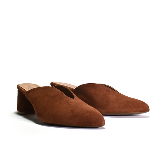A pair of women's pointed-toe mule heels in brown suede, shown on a clean white background.