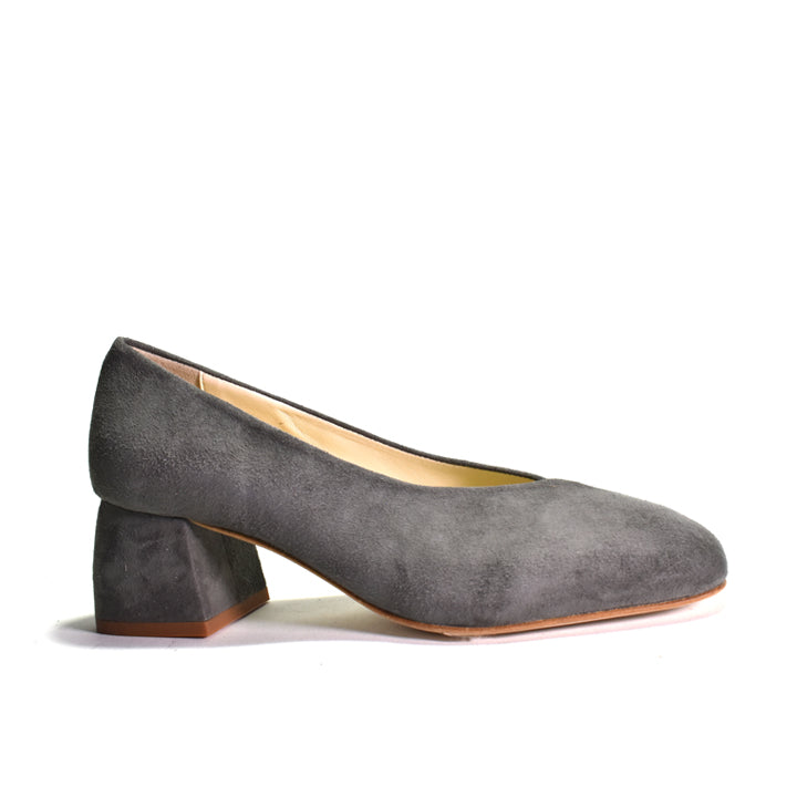 A single dark gray suede pump with a chunky block heel and square toe, shown in profile against a white background.