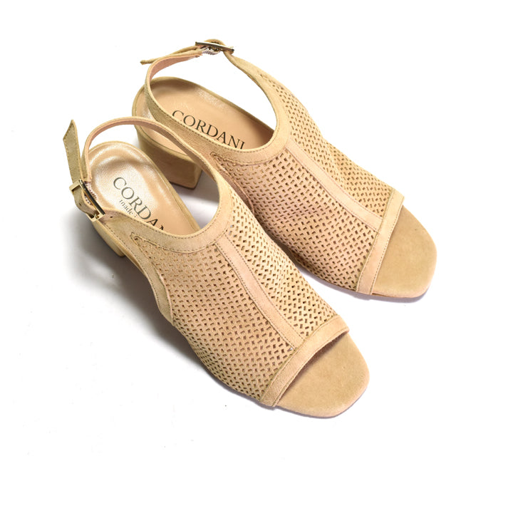 Pair of beige sandals with 'CORDANI' branding on a white background