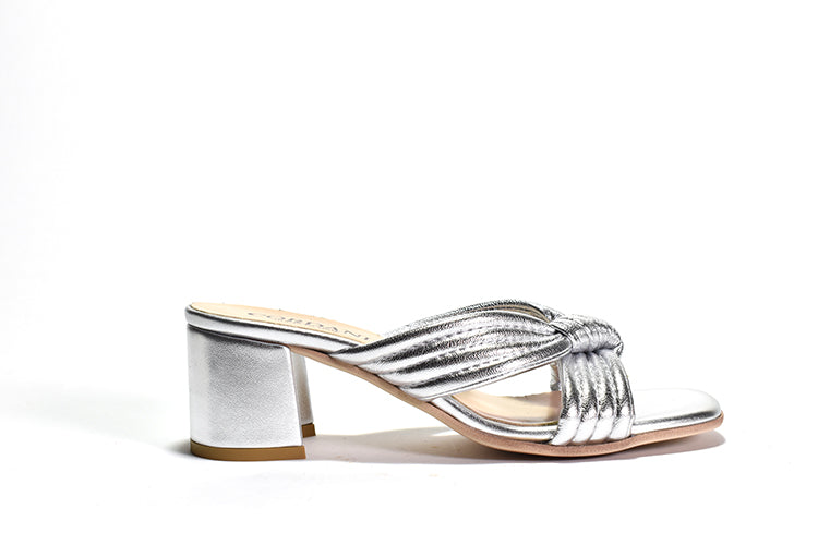 silver Knotted soft leather upper wrapped block heel.