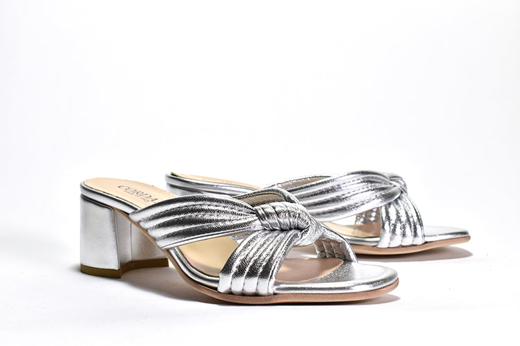 silver Knotted soft leather upper wrapped block heel.