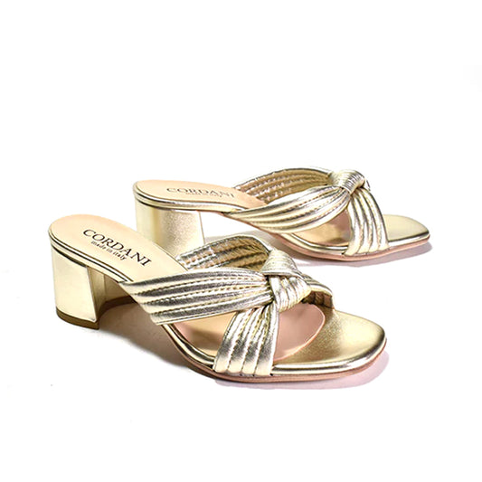 gold Knotted soft leather upper wrapped block heel.