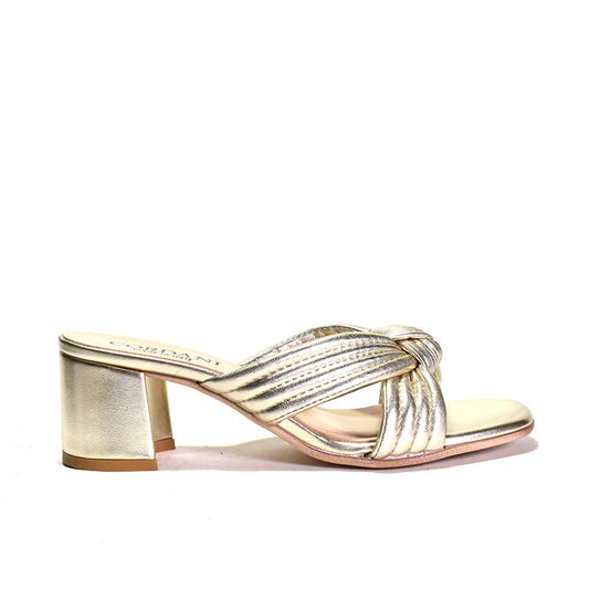 gold Knotted soft leather upper wrapped block heel.