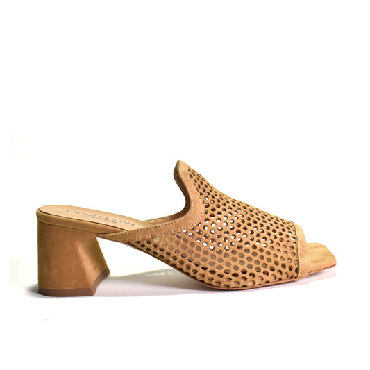 Tan perforated sandal on a white background
