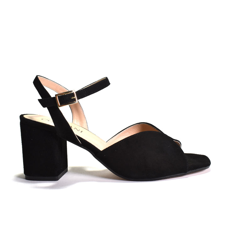 A black suede sandal with an ankle strap and a wrapped block heel