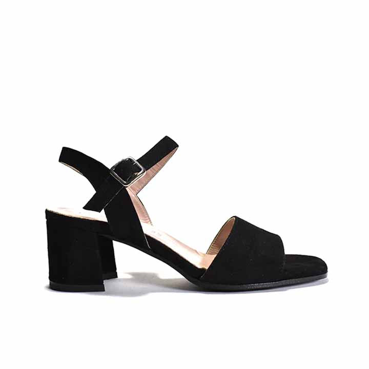 Black sandal with a wrapped block heel, adjustable metal buckle, and a leather lining.