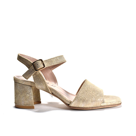 Gold glitter sandal with a block heel on a white background