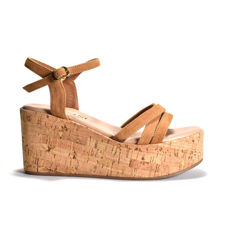 brown suede sandals with a triple band upper and a quarter strap, featuring a cork wrapped wedge and an adjustable metal buckle.