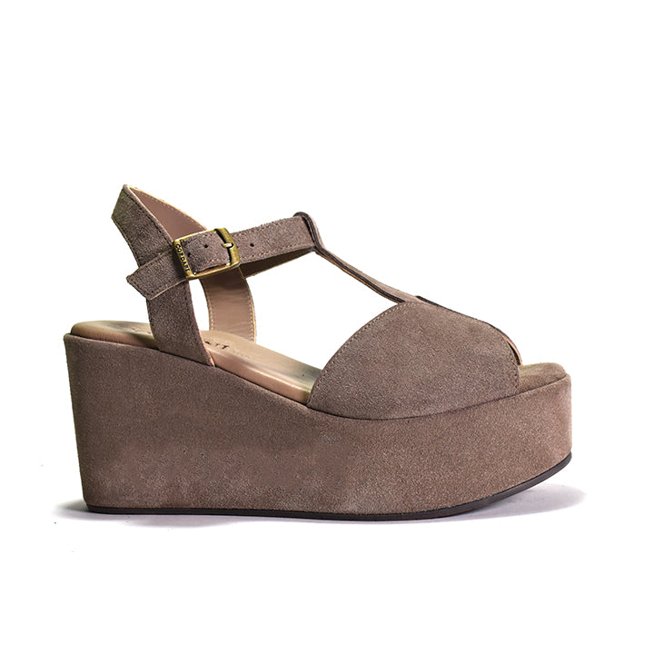 taupe T strap sandal on rocker bottom