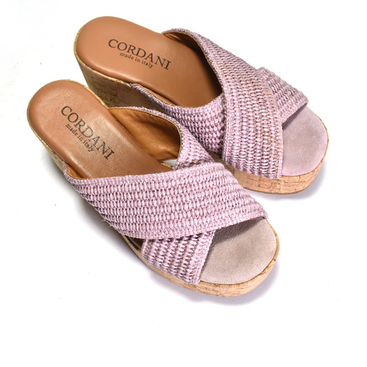 dusty rose Slip on platform sandal with criss-cross raffia straps slip on a cork wrapped platform