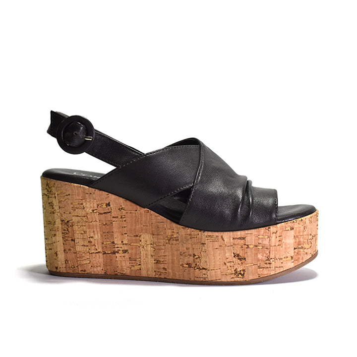 black leather sling back upper and a Cork wrapped wedge