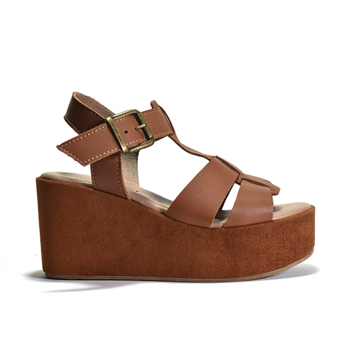 brown leather t-strap wedge sandal with adjustable metal buckle