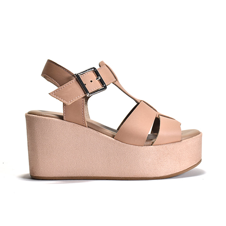 beige leather t-strap wedge sandal with adjustable metal buckle