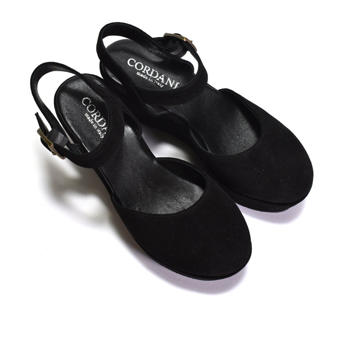 Black sandals with 'Cordani' branding on a white background