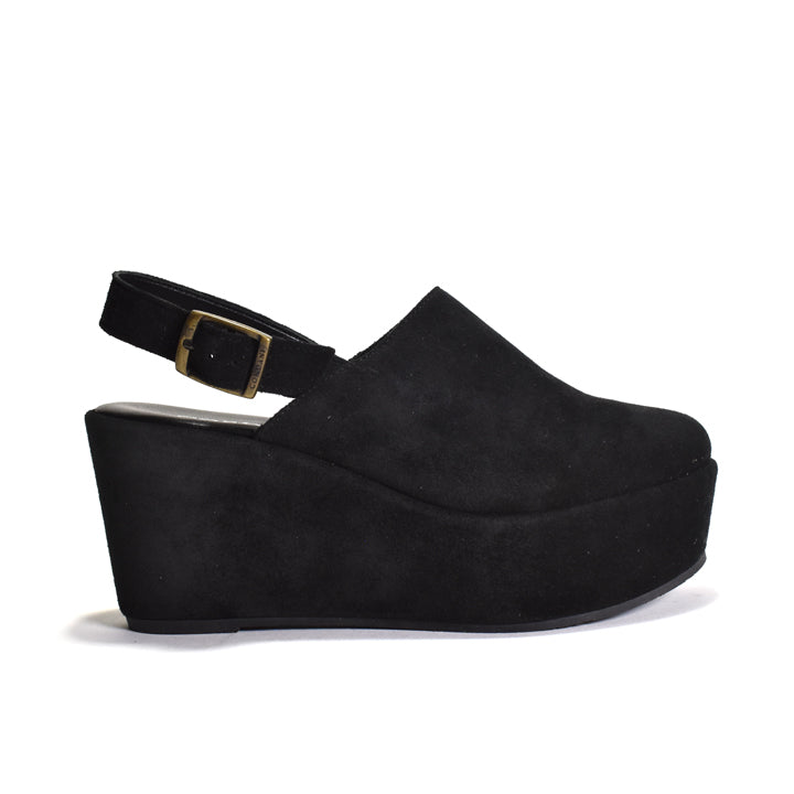 Black wedge CLOG sandal with a strap on a white background