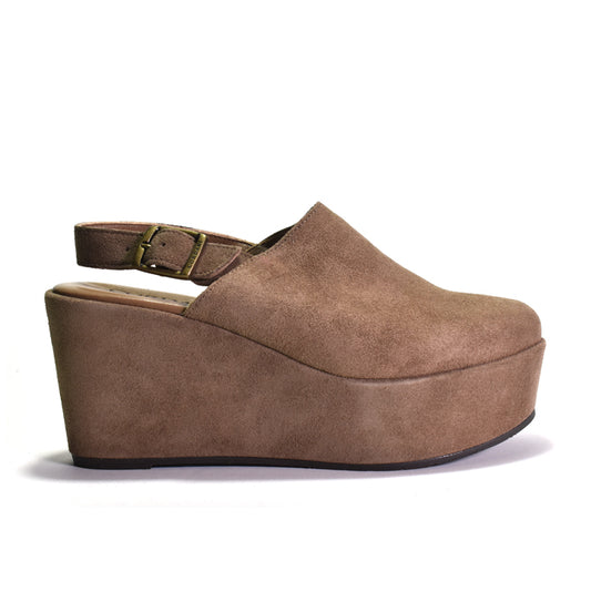 A single brown suede clog-style wedge shoe with an sling-back strap and buckle, shown in side profile on a white background.