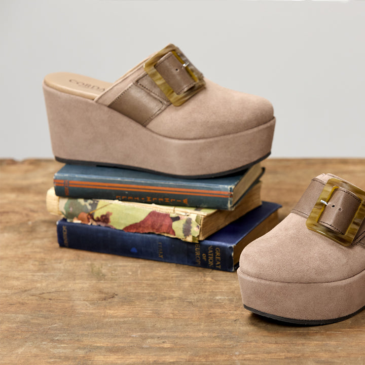 A pair of taupe platform mule clogs with wide brown straps and gold-tone buckles, styled on a wooden surface with stacked books in the background.