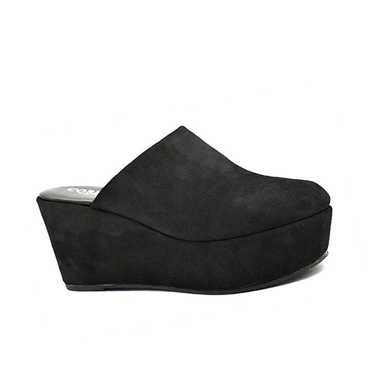 black suede clog on a wrapped wedge heel, with a leather lining.