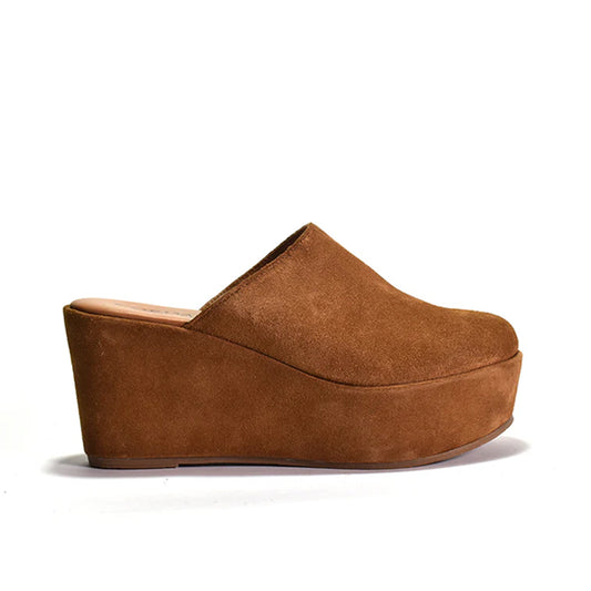 Brown suede clog on a wrapped wedge heel, with a leather lining.