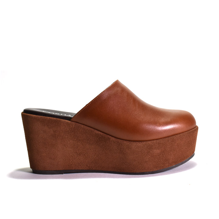 A single brown leather and suede platform mule shoe with a chunky wedge heel, shown from a side profile view on a white background.