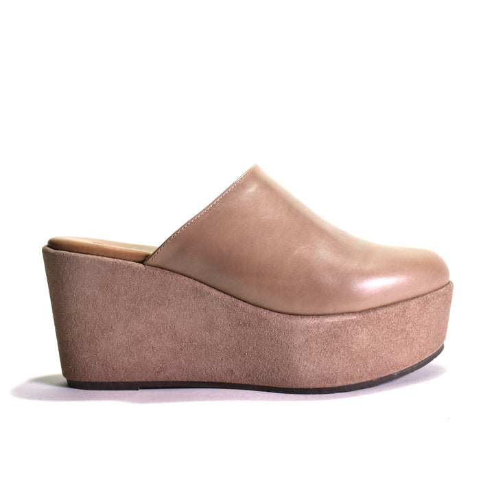 A single taupe-brown leather and suede platform wedge mule shoe shown from a side profile view on a white background.