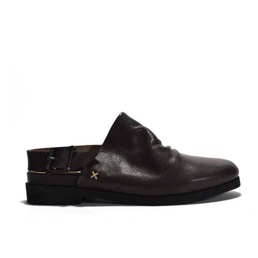 Black leather sandal with a strap on a white background