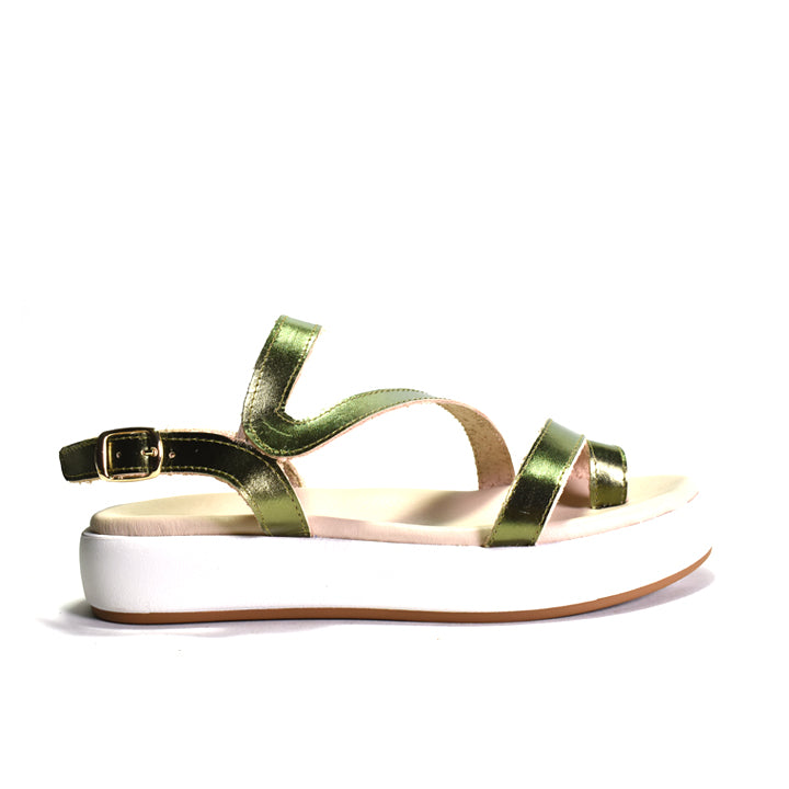 Green sandal with white sole on a white background