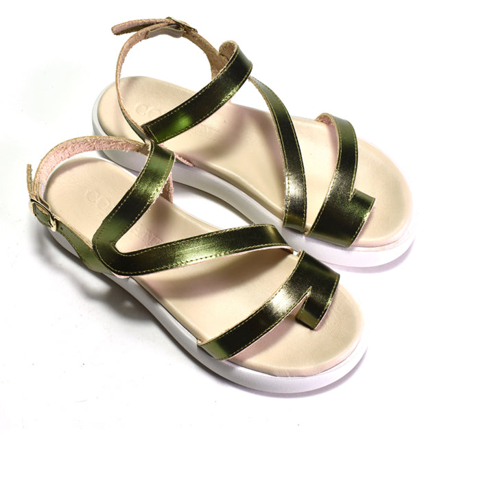 Pair of sandals with green straps on a white background