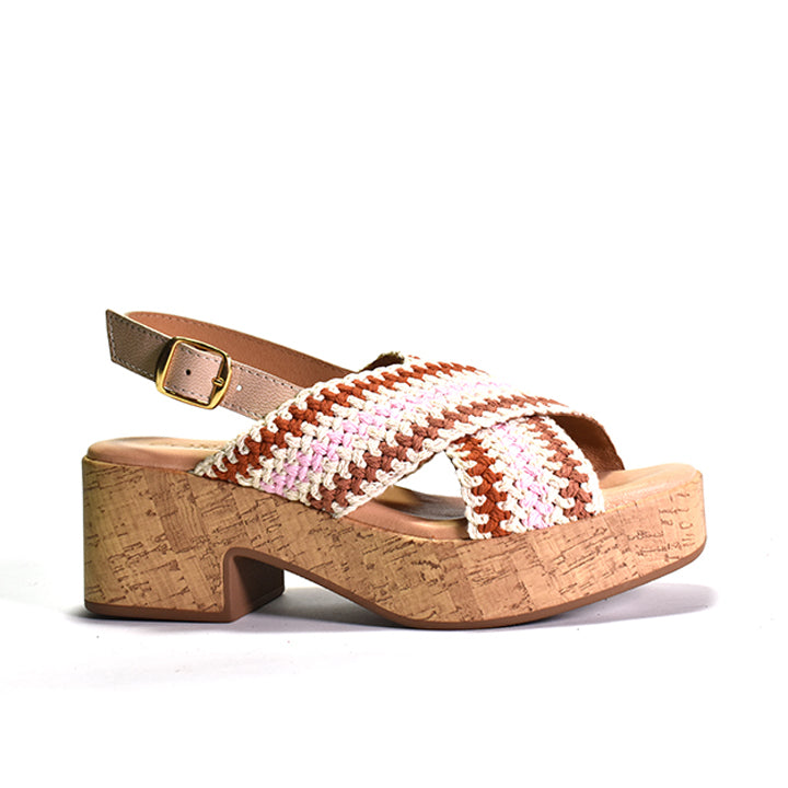 multicolored Crochet woven criss-cross sling-back sandal with squared-off toe on platform heel.