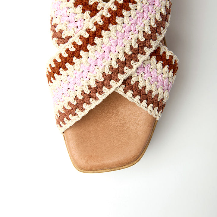 multicolored Crochet woven criss-cross sling-back sandal with squared-off toe on platform heel. detail