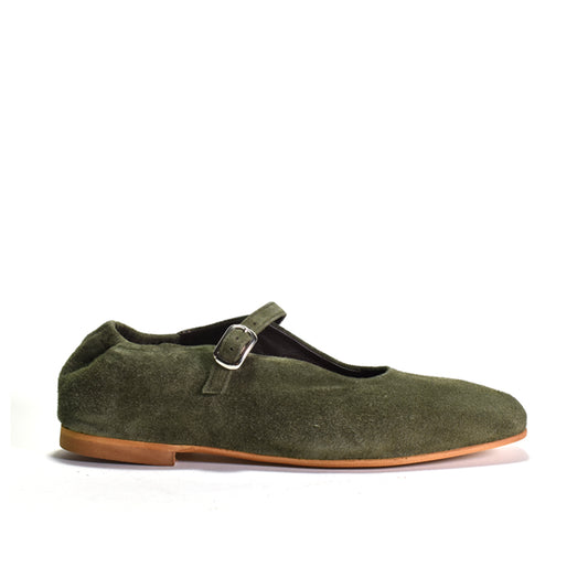 An olive green suede Mary Jane flats with square toes and silver buckle straps, shown on a white background.