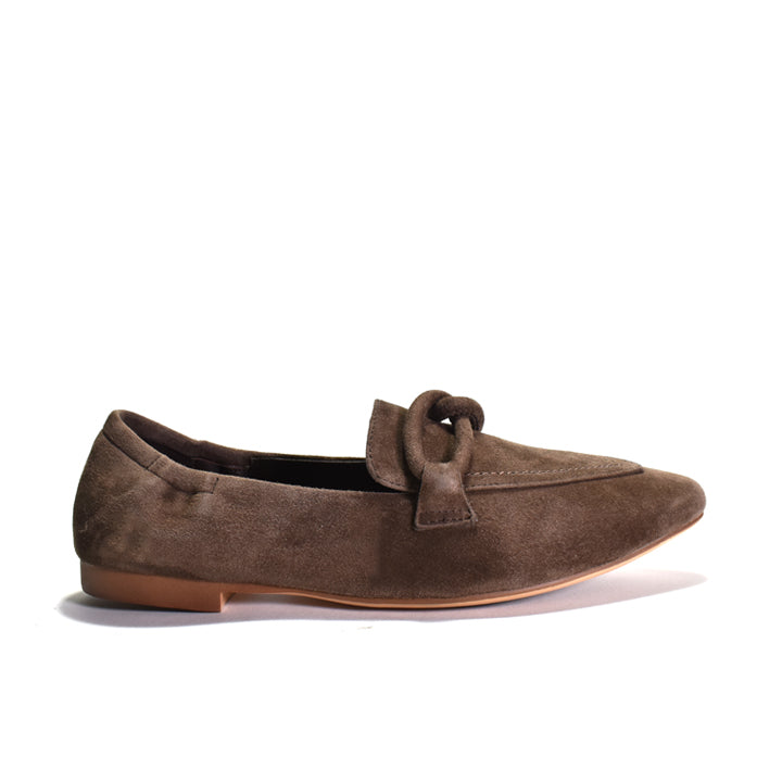A single brown suede loafer with a decorative knotted detail on the vamp, shown in profile against a plain white background.