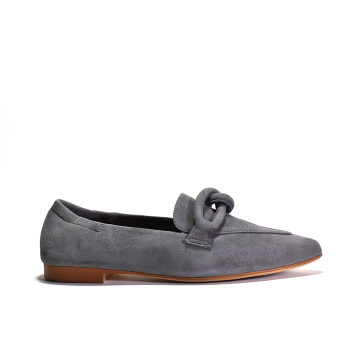 A single gray suede loafer with a knotted strap detail across the vamp and a brown sole, shown in profile against a plain white background.