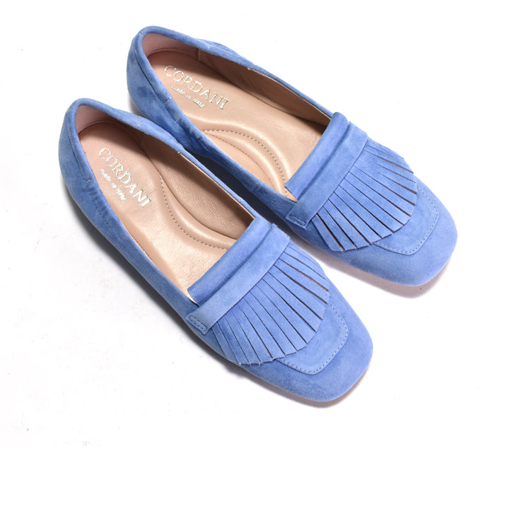 Pair of blue loafers with fringe details on a white background