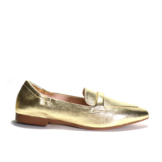 Gold loafer shoe on a white background